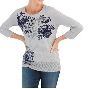 Chico's Zenergy Classic Floral Scoop Neck Long Sleeve Tee Small Grey